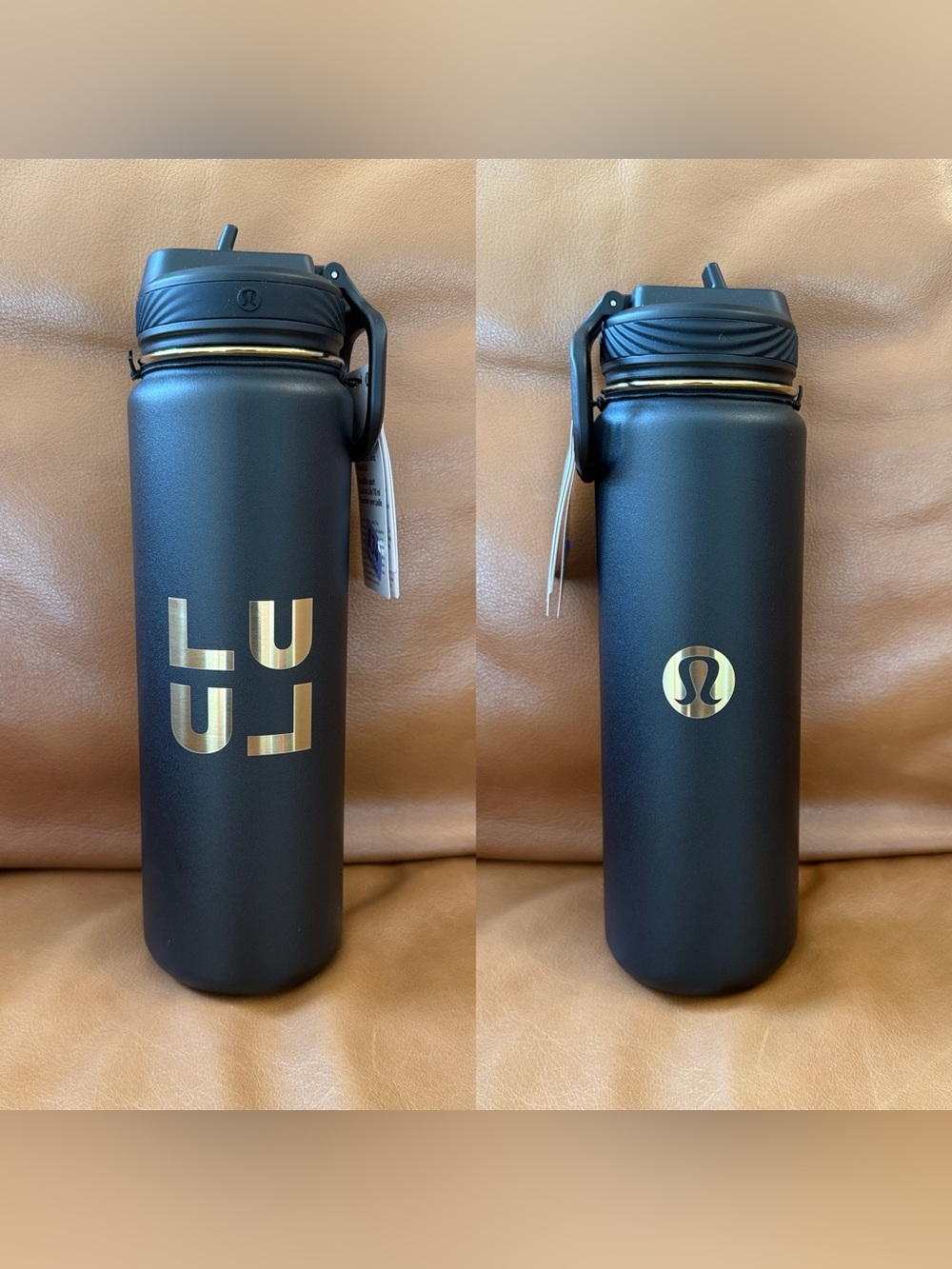 NWT Lululemon Back To Life Sport Bottle 24oz w Straw Lid Black Gold WORDMARK